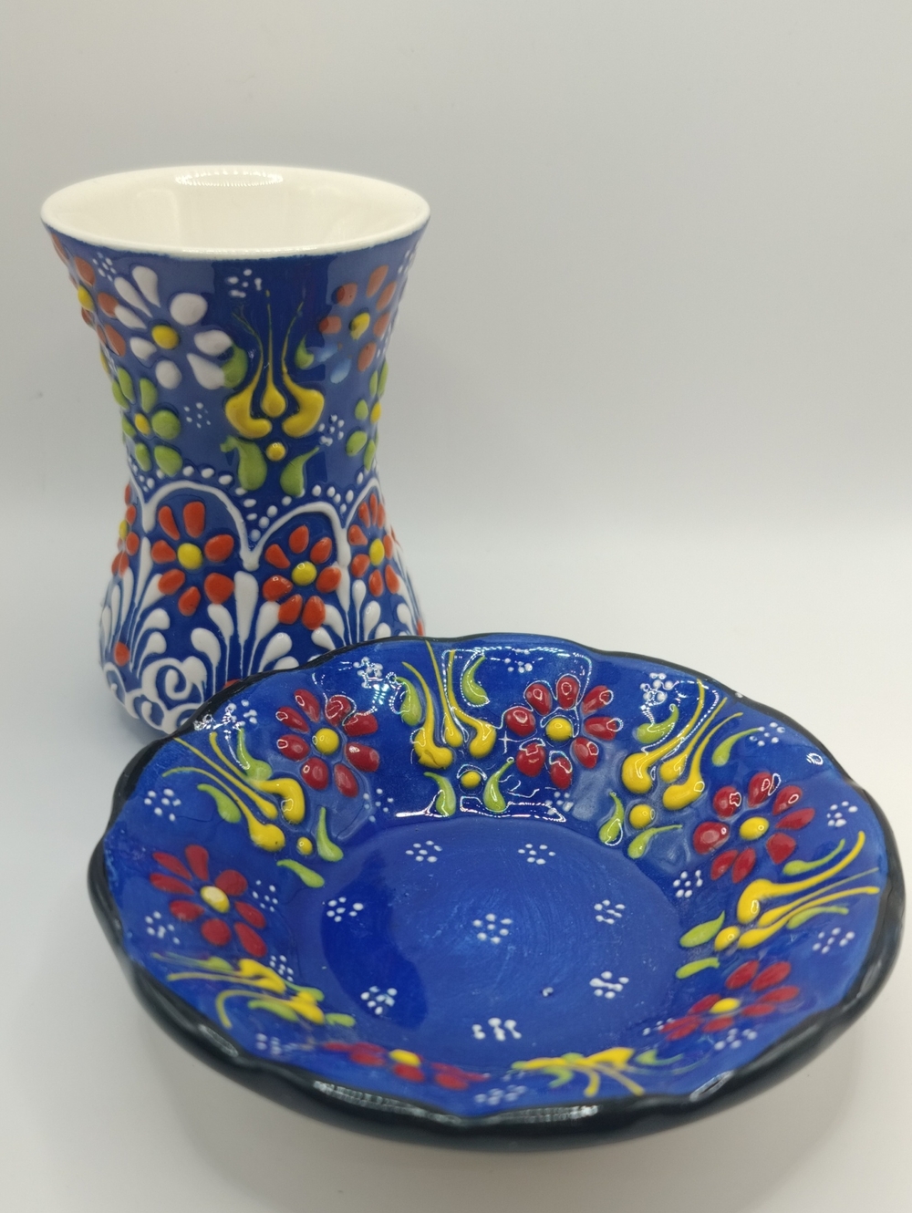 Vibrant Hand-Painted Turkish Pottery Ceramic Vase & Bowl Set Signed Artisan 52